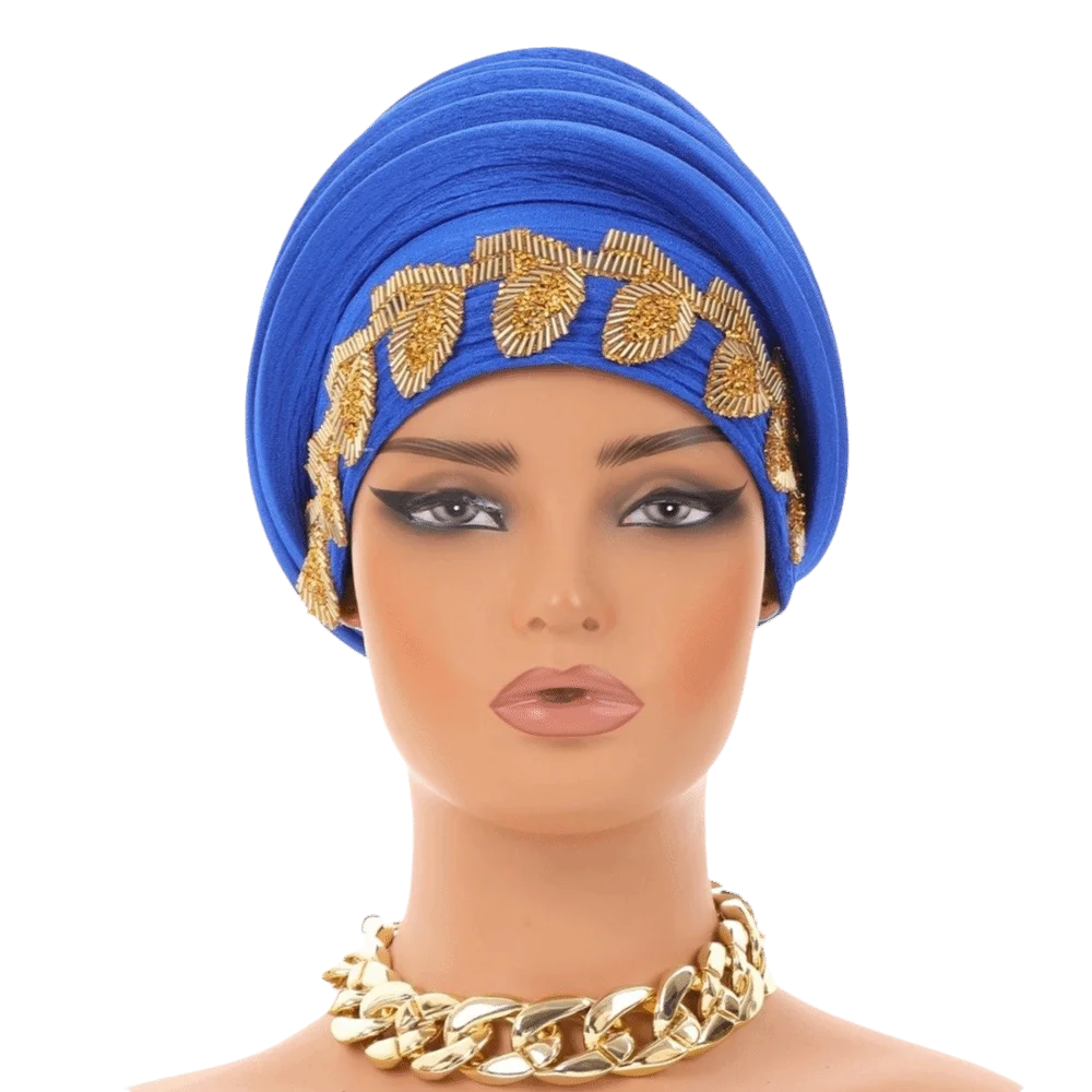 Shiny African Gele Headwrap Polyester Gold Embellished Yoruba Turban Hat Multiple Color Options Pre-tied Traditional Headpiece