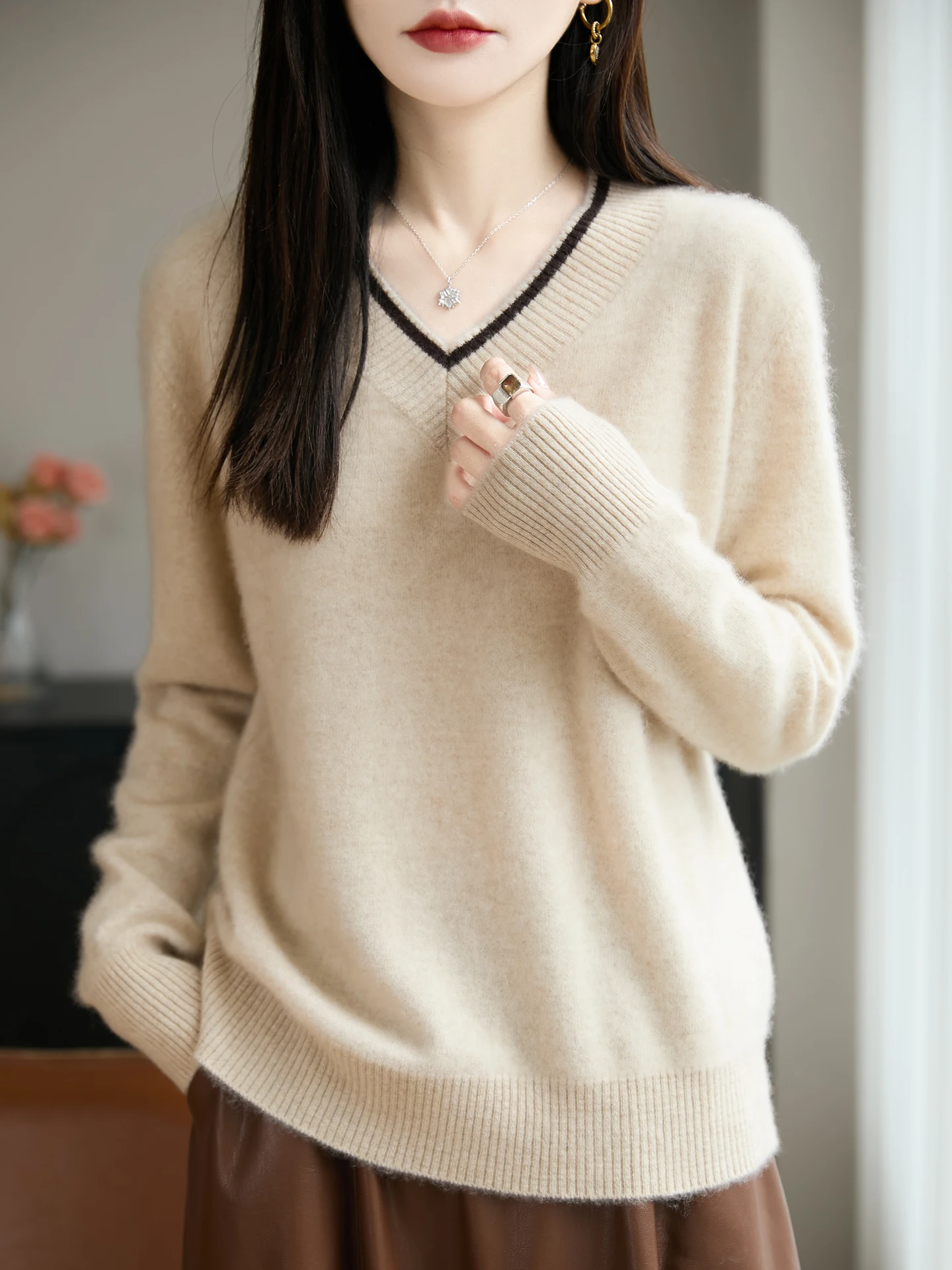 

Women 100% Merino Wool Sweater Thick Autumn Winter Female Knitted Pulover Lady V-Neck Blouse Cashmere Long Sleeve Clothing Tops