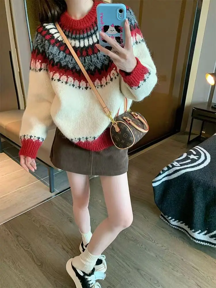 Rode Fel Island Jacquard Trui Gebreide Trui voor Vrouwen 2025, Nieuwe Winter High-end Warme Innerlijke Gebreide Trui Jumpers Koreaanse Tops
