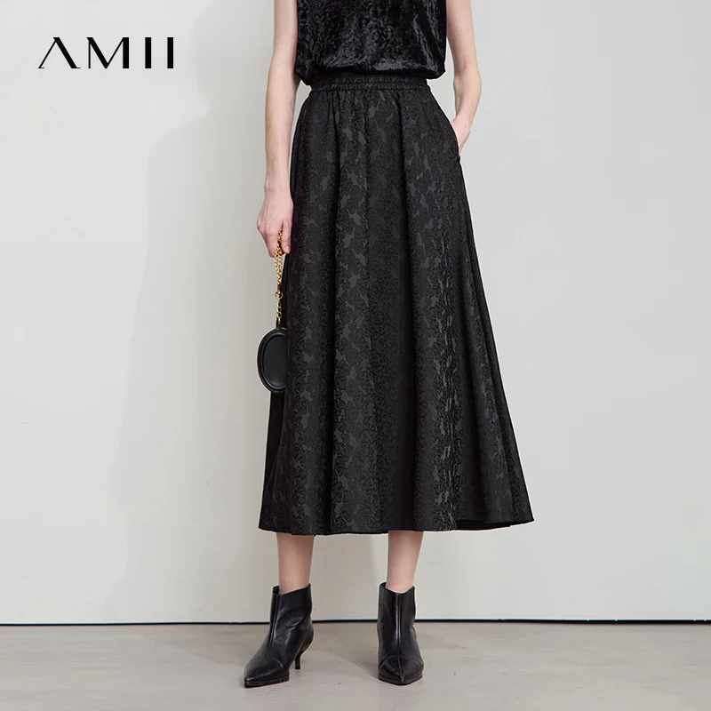 AMII Minimalism 2026 Autumn Black A-line Women Skirt Luxury Style Lace Elegant Elastic Waistband Offcial Lady Skirts 12523037