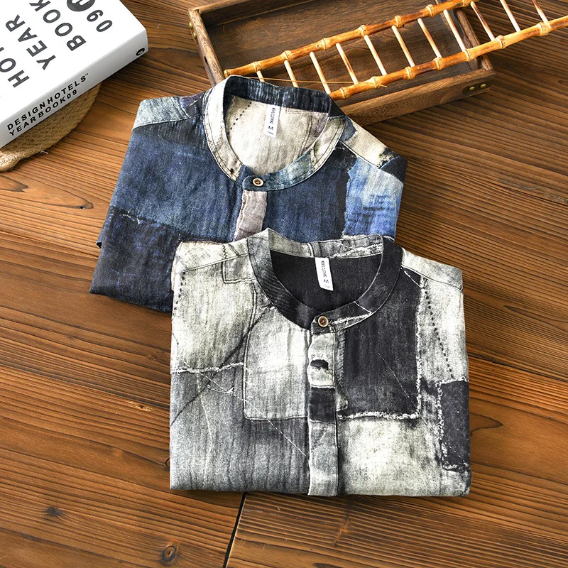 L939 100% Linen Mens Stand Collar T-Shirt Summer Short Sleeve Popular Dark Vintage Print Loose Casual Abstract Chinese Style Tee