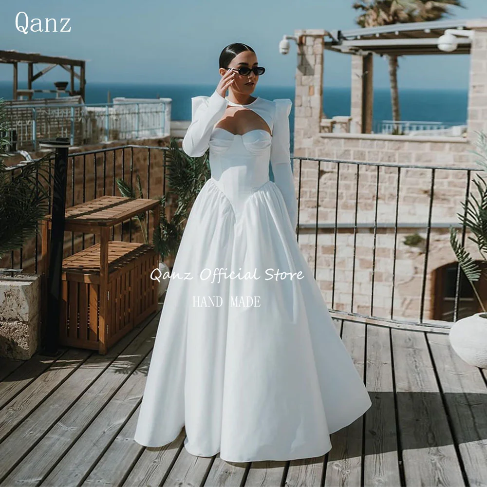 

Qanz Beach White Satin Wedding Dress Floor Length Vestidos De Novia Long Sleeves Lace Up Back Robes De Mariée Grande Taille 2024