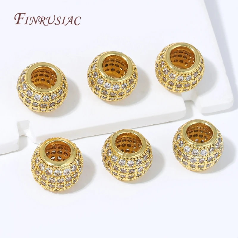 Cuentas espaciadoras tipo barril chapadas en oro de 18K con pavé de circonita cúbica, cuentas de circonita cúbica micro pavé de agujero grande para fabricación de joyas y accesorios.