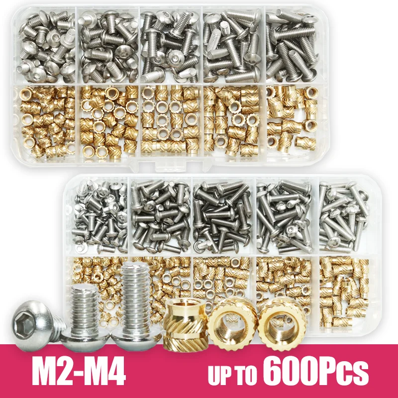 Hex Socket Screw 304 Stainless Steel Brass Insert Nut Set M2 M2.5 M3 M4 Thread Knurled Embedment Injection Nuts for 3D Printing