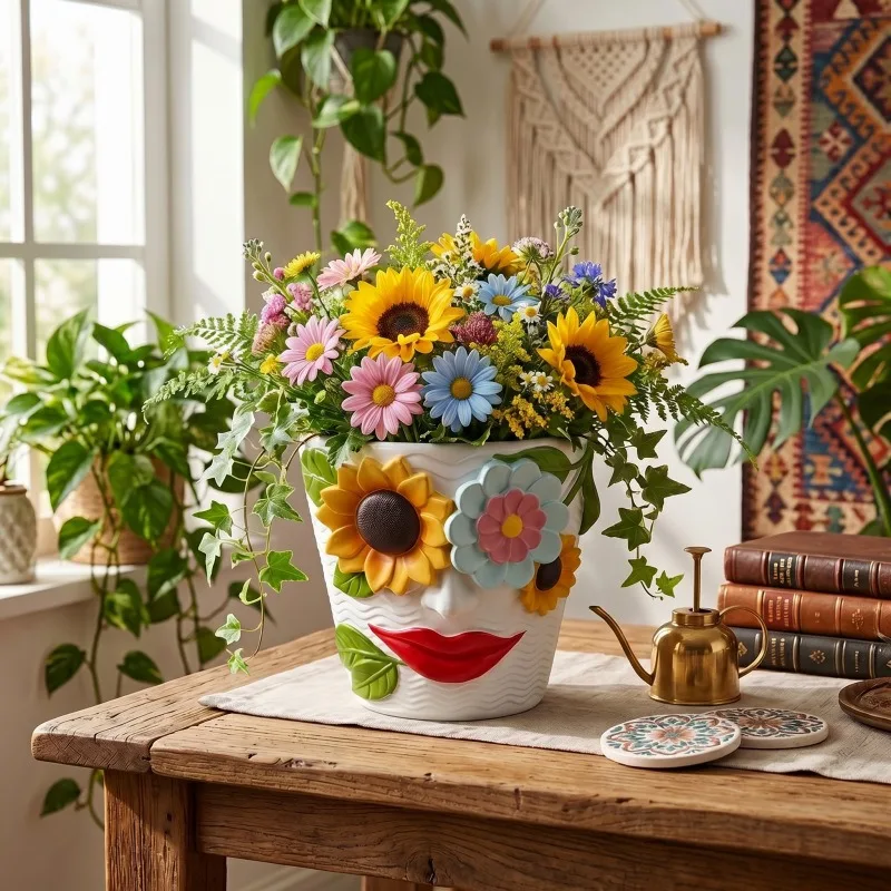 Creative Sunflower Human Face Resin Flower Pot Ornaments Outdoor Courtyard Balcony Succulent Plant Bonsai Pot Garden Decoration