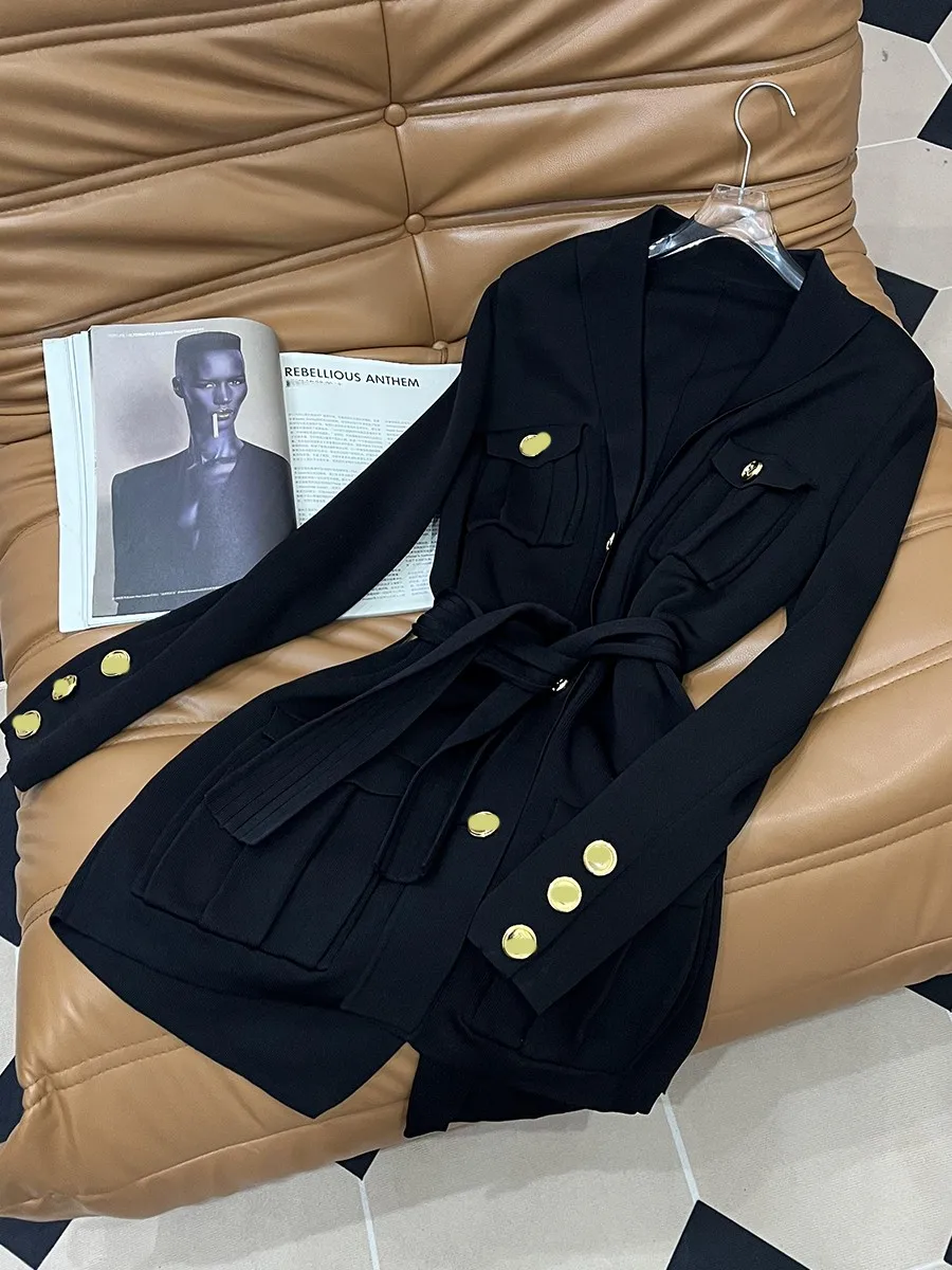 

Ele Knitted Dr with Belt High Waist Suit Collar Par Ci Commute French Sle Women's Slim Fit Skirt Ci Life