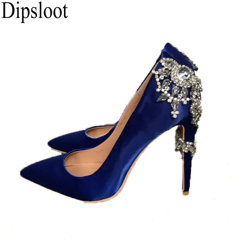 

Блестящие туфли-лодочки на высоком каблуке с бриллиантами и цветком, королевские синие туфли-лодочки на высоком каблуке с кристаллами, вечерние женские туфли-лодочки из синего шелка со стразами, свадебные туфли