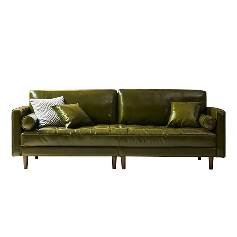 Leather sofa small apartment first layer cowhide living room straight row three people American retro medieval