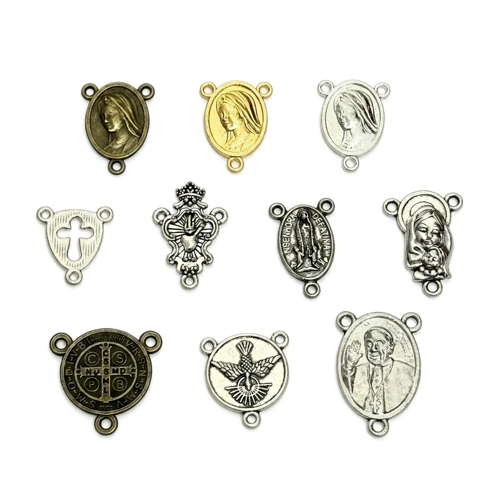 10 pièces de connecteurs de chapelet catholiques à 3 trous, breloques en alliage représentant Saint Benoît, la Vierge Marie et le Saint-Esprit, pour la fabrication de bijoux et de chapelets de prière.
