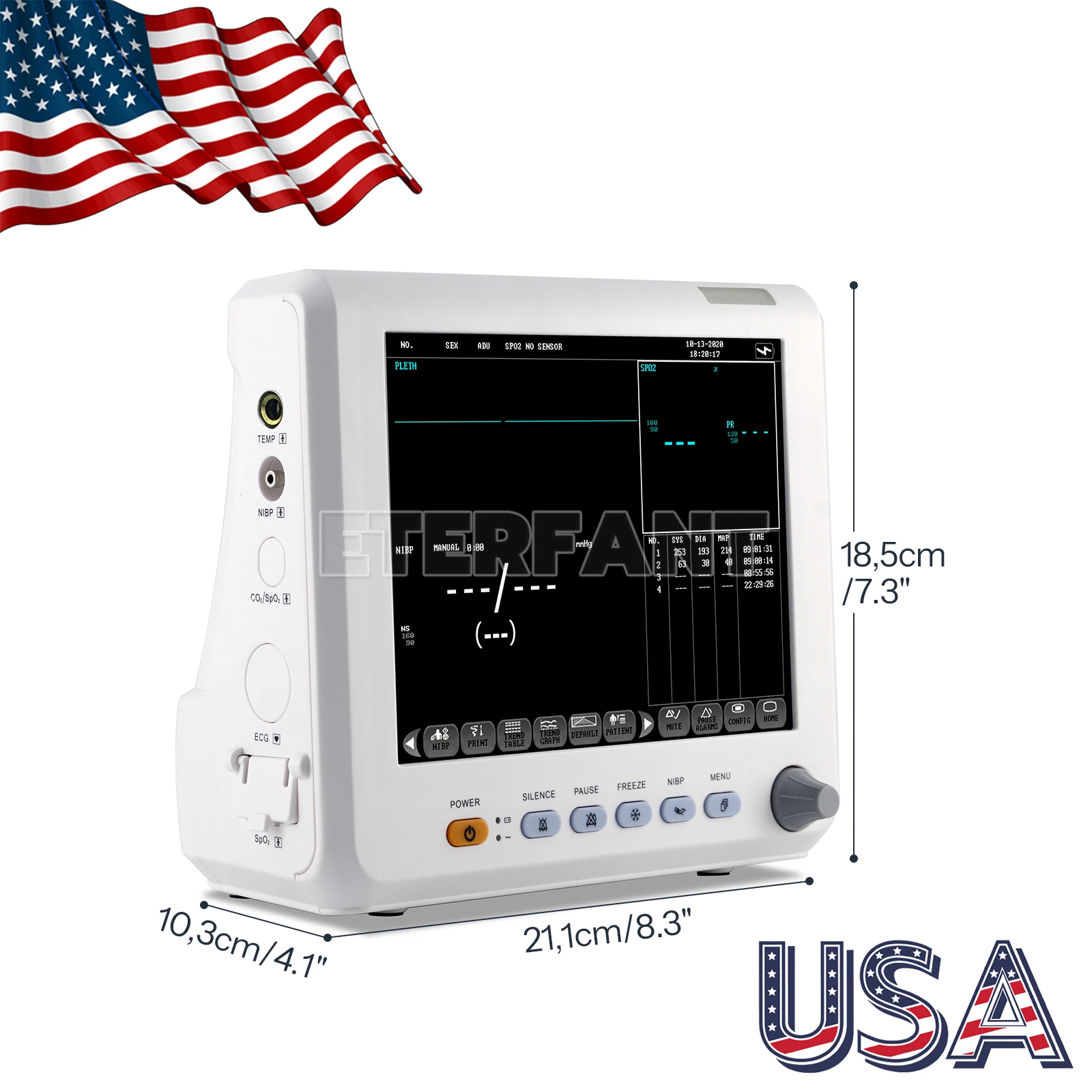 ETERFANT 8 بوصة شاشة TFT ملونة عالية الدقة ICU CCU علامة حيوية للمستشفى NIBP، SPO2، PR، درجة الحرارة #4