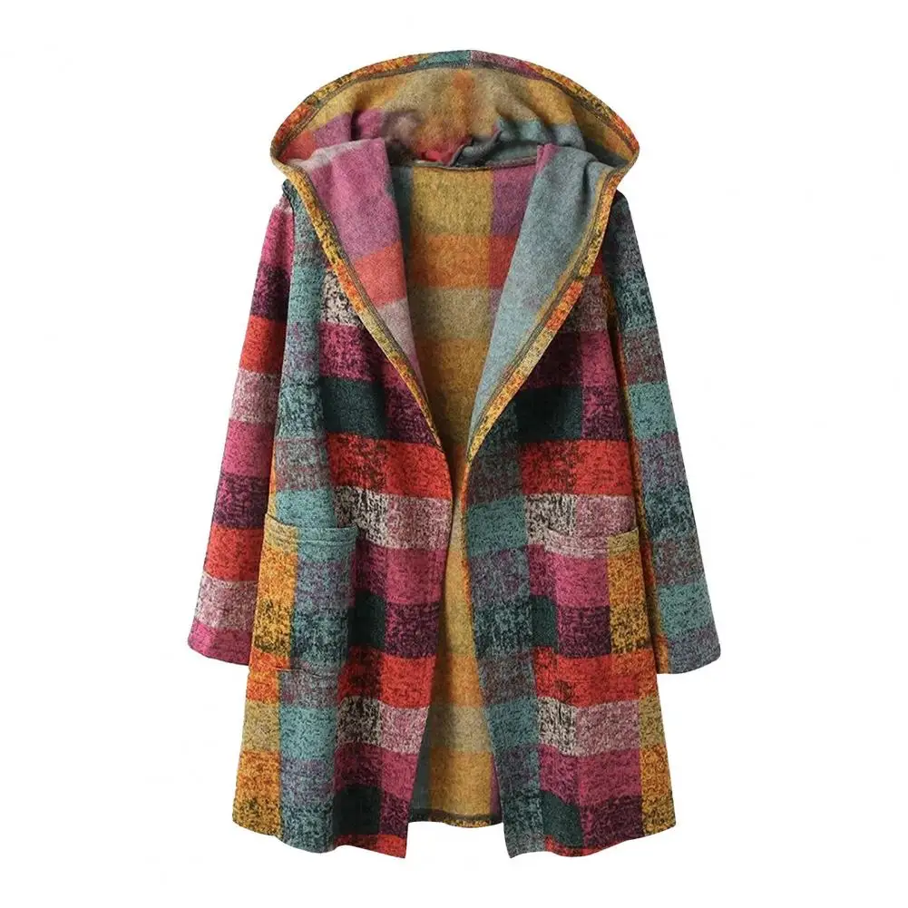 Women woolen coat Plaid Hooded Cardigan Long Sleeve Zipper Pocket Coat Casual Plaid Jacket Stylish Plaid Checkered Sweatshirt