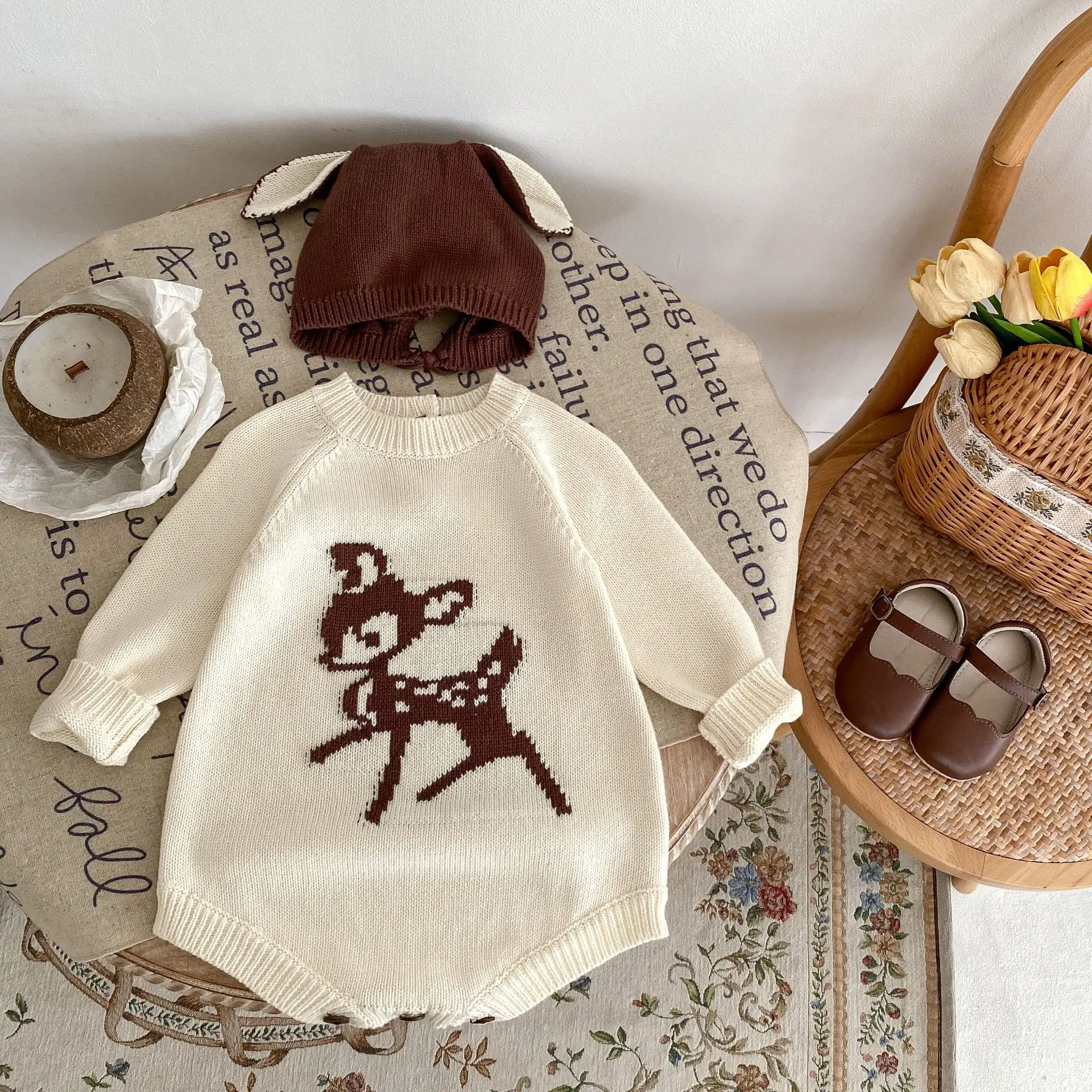 2024 2 pcs autum infant baby girl sika deer long sleevesknitting hoodie jumpsuit triangle romper optional hat