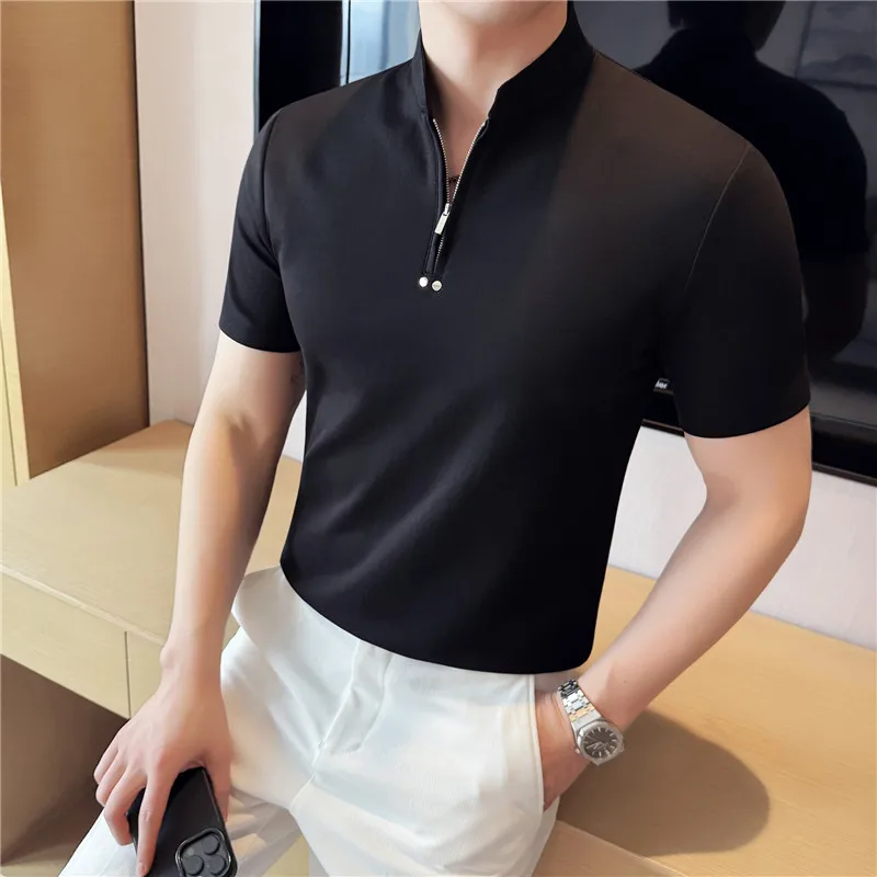 Chinese Style Stand Up Collar Half Zipper Polo Shirt Rivet Decoration Short Sleeved T-shirt Men's Slim Fit Casual T-shirt M -4XL