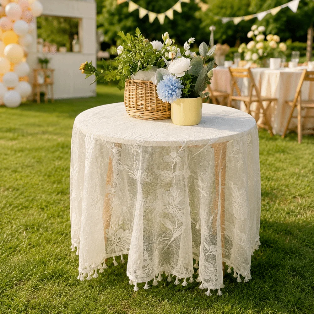 

Elegant Vintage Pompom Tassel Tablecloth Dust-Proof Embroidered Lace Tablecloth Household Round French Table Cover Decor Picnic