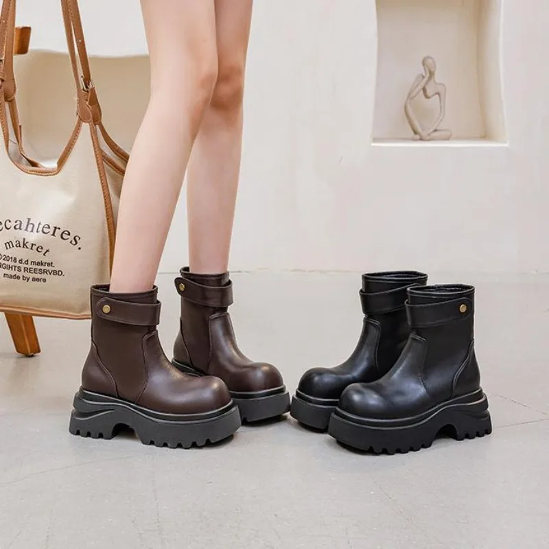 

Shoes Female 2025 High Quality Zip Women's Boots Spring Round Toe Solid Short Barrel Mid Heel Water Proof British Boots Zapatos
