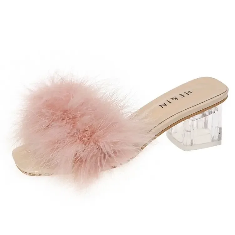 2023 Fluffy Peep Toe Sexy High Heels Women Shoes Fur Feather Lady Fashion Wedding Slip-On Pink Square Toe Women Sandals