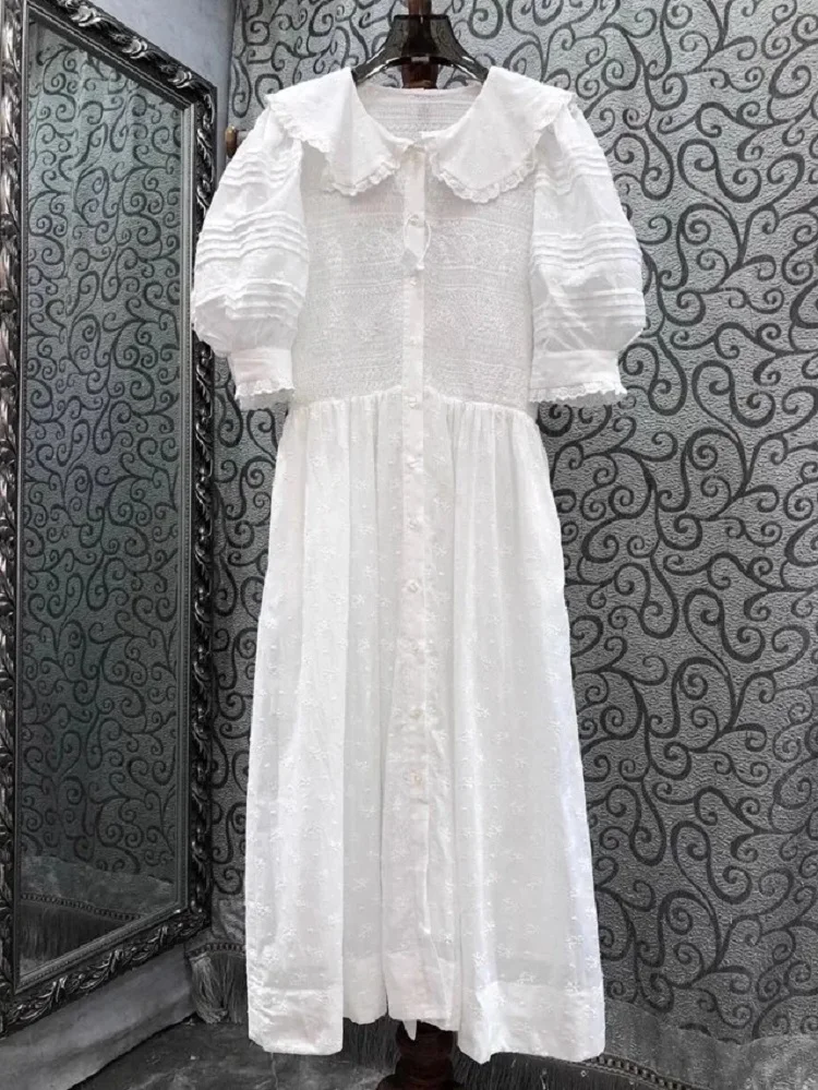 

100%Cotton Dress 2024 Summer Style Ladies Peter Pan Collar Allover Luxurious Embroidery Short Sleeve Mid-Calf Length White Dress