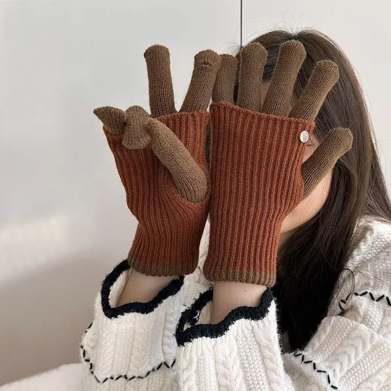 2026 Winter Knitted Gloves Fashion Dopamine Style Thickened Dual-purpose Gloves Women Touch Screen Open-toe Warm Maillard Gloves