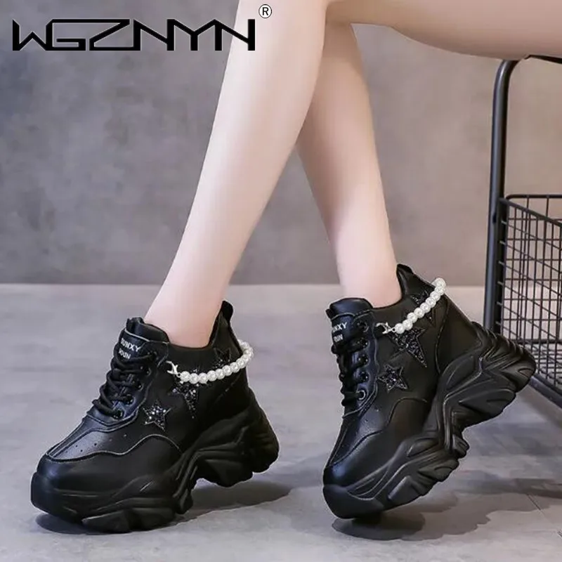 

10cm Shiny Sequins Chunky Platform Sneakers Women Breathable Lace Up Height Increase Shoes Woman Fashion Pearl White Sneakers