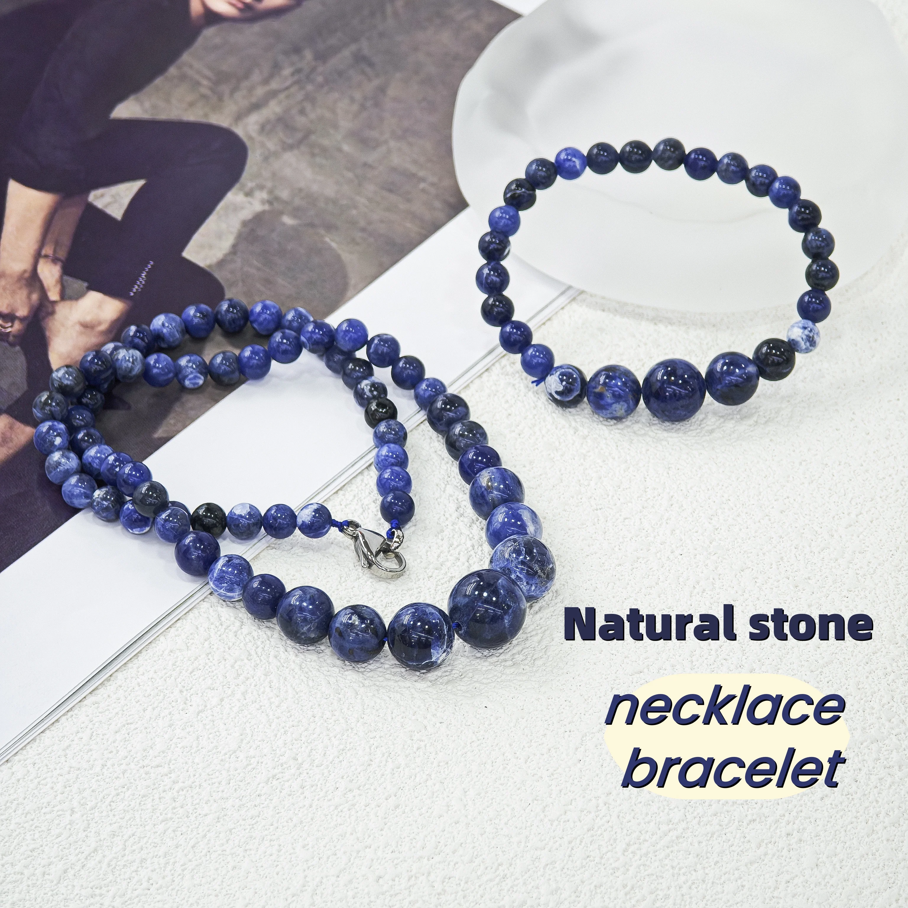 

Lecter Store Unique handmade blue natural stone necklace bracelet pendant, round women's jewelry gift set accessories