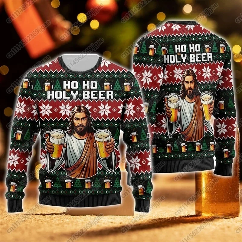 Fashionable Beer, Ugly Christmas Sweater, Hip-hop Bar Party, Men's and Women's Casual Pullover, Beer Sports Family Uniform