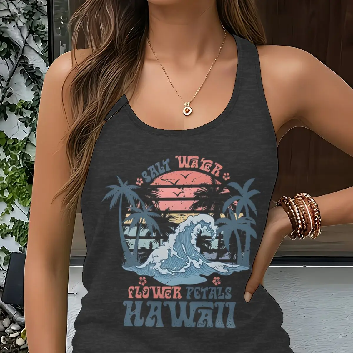 Women Vintage Sunset Palm Tree Flower Graphic Racerback Tank Top Summer Vacation Beach Sleeveless Basic-Fit Vest