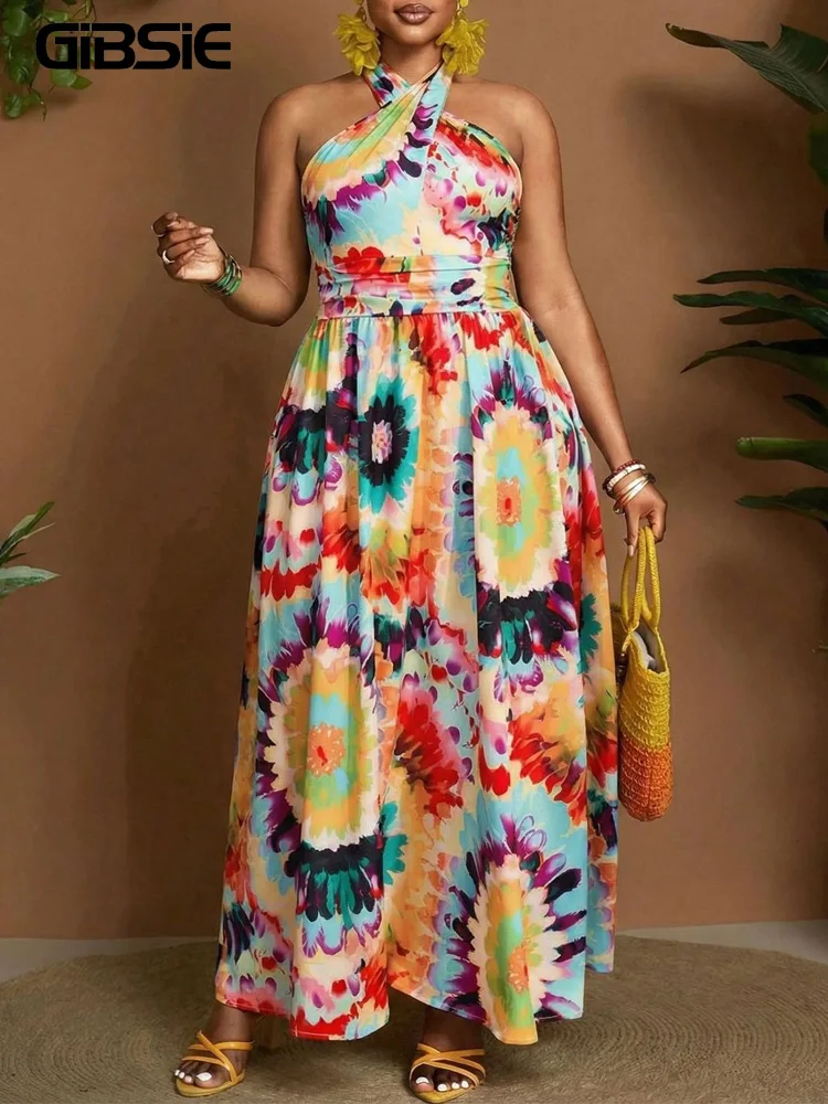 GIBSIE Plus Size Vacation Tie Dye Halter Neck Dress For Women 2026 Summer High Waist Tie Backless Big Swing Maxi Long Dresses