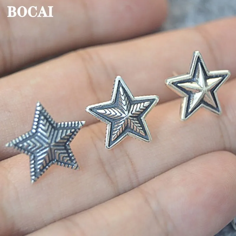 BOCAI New S925 Pure Silver Pentagram  Personality Retro Korean Trend Star Ear Stud Man Earrings for Man and Woman