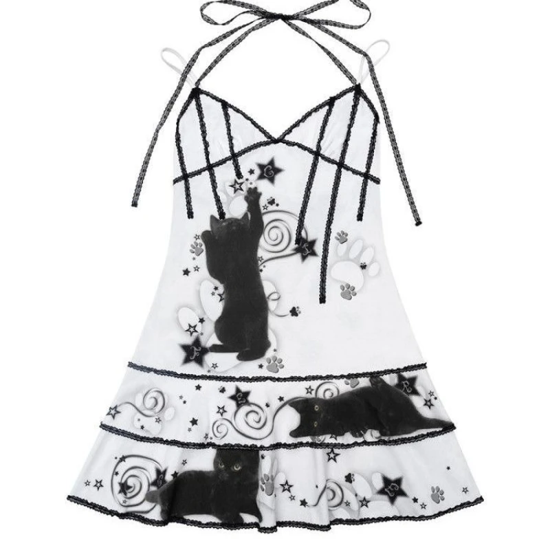 

Шикарное мини-платье Y2K с принтом черной кошки, готическое платье-комбинация с кружевной отделкой для женщин, А-силуэт, на тонких бретелях, для вечеринок, в стиле гранж 2000-х, для E-girls