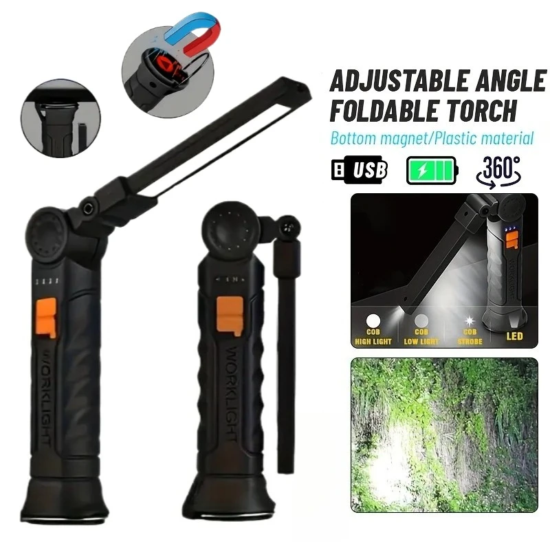 Magnetic LED Work Flashlight USB Rechargeable Torch 360° Swivel Base Hands-Free Repair Lantern with Hook for Mechanic Garage Use