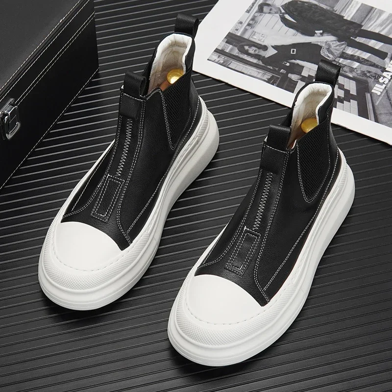 High Quality White Chelsea Ankle Boots for Men High Top Casual Shoes Fashion Trend Male Thick Sole Leather Sneakers