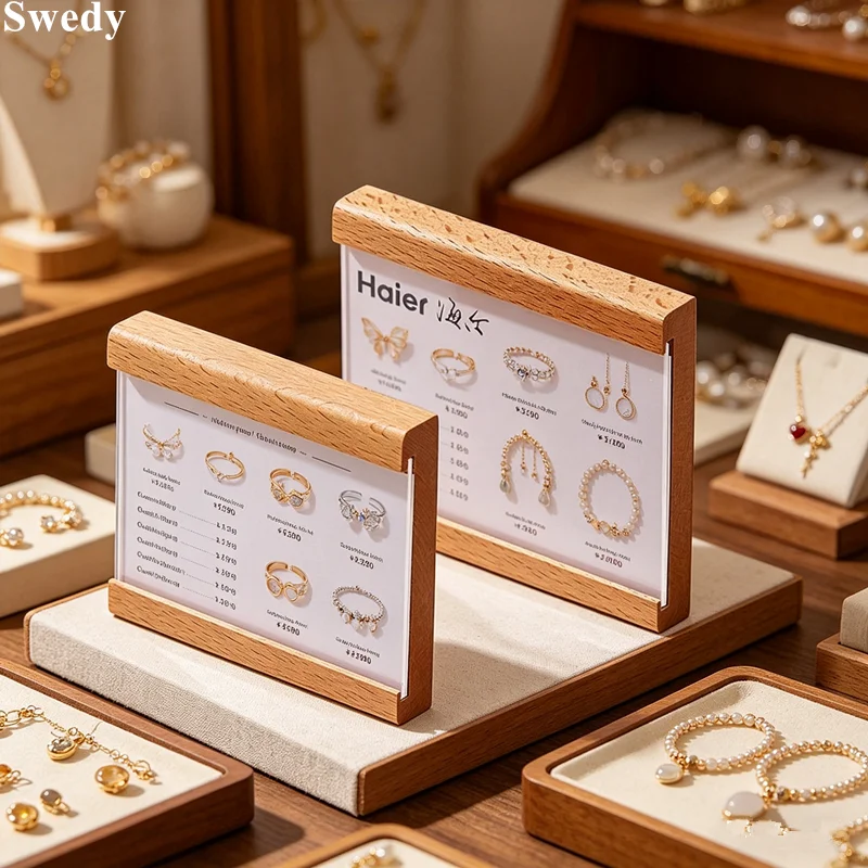 5 Pieces 90x65mm Wooden Acrylic Price Tag Holders Clear Acrylic Sign Holder Display Stands Solid Wood Base Desktop Label Stand