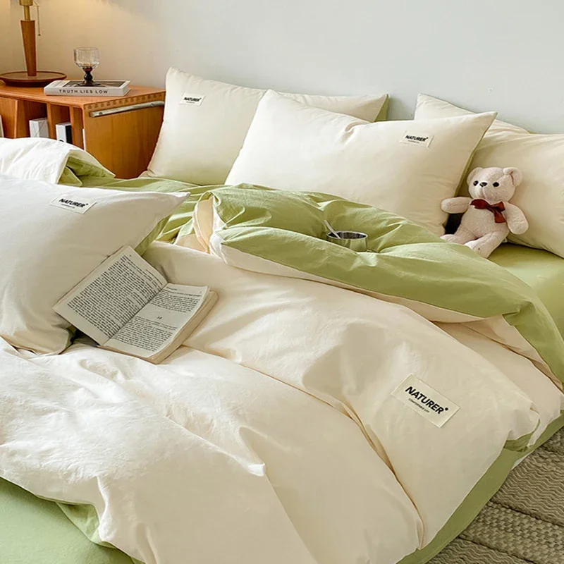 200X230Cm 4Pcs Cotton Fabric Fittend Sheet Bedding Set Solid Double-Sided Soft Duvet Cover Set A-Class Label Bed Linens for Home
