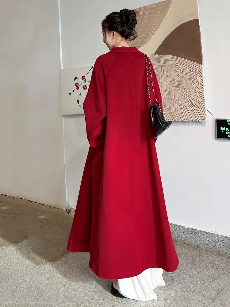 New Women Red Double-Faced Wool Coat Autumn Winter Fashion Turn-down Collar Double Breasted Loose Long Coat Daily Overcoat