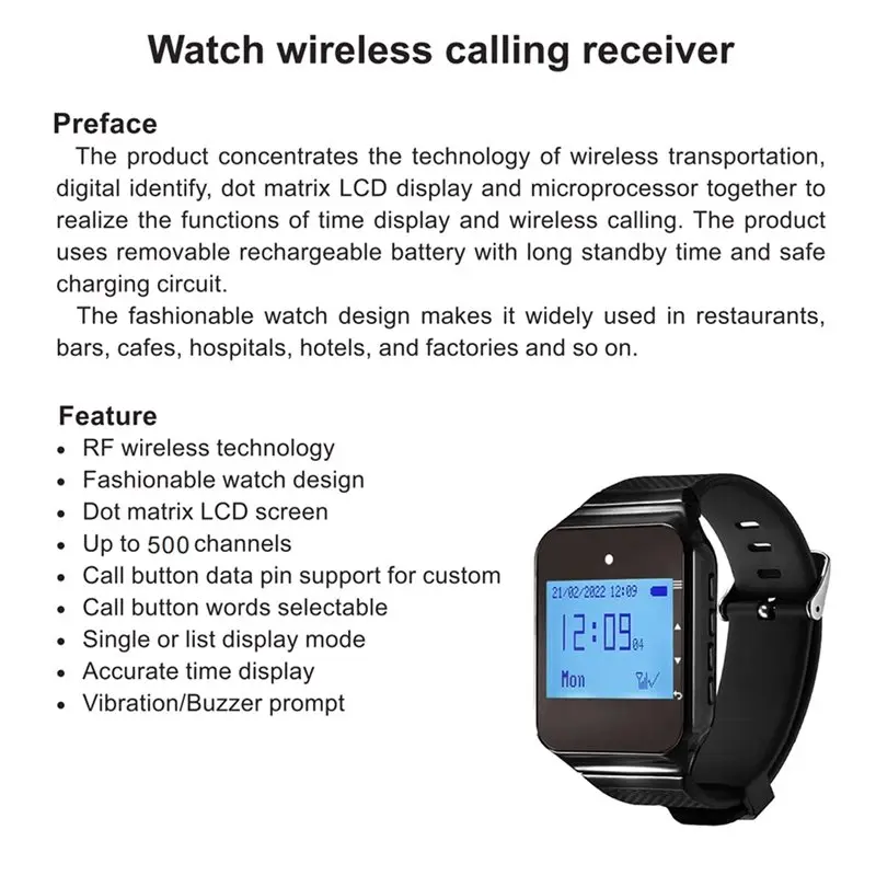 Exquisite-Restaurant Pager With LED Display Emergency Wireless Waiter Call System, Watch Receiver For Seniors, Waterproof For Se