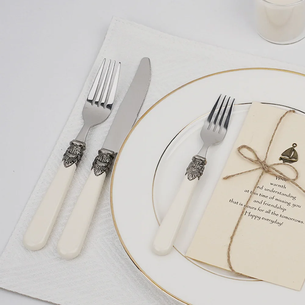 5pcs Vintage Cutlery Set Acrylic Handle 304 Stainless Steel Knife Fork and Spoon Set Western Tableware Creative Gift for Friends