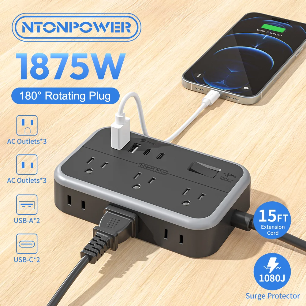 

Вилка стандарта США, удлинитель, 6 розеток переменного тока, 2 порта USB-C, поворотная вилка, удлинитель 25 футов, несколько розеток, сетевой фильтр extensao tomada