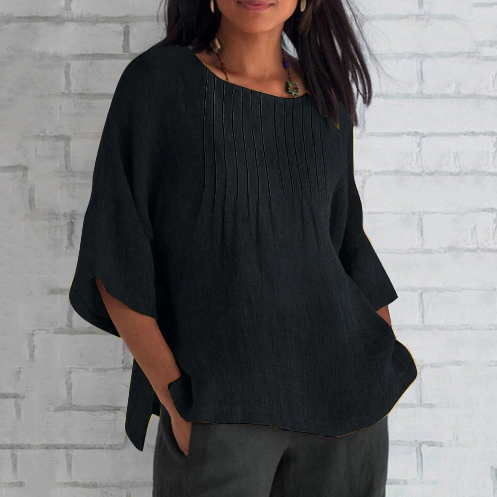 2025 New Women's Clothing Seven-quarter Sleeve Pleated Round Neck Cotton and Linen Shirt Top Europe and America