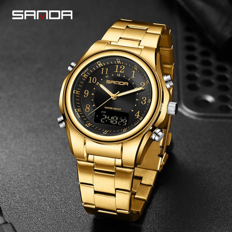 SANDA Fashion Mens Watches Original Sport Digital Watch Stopwatch Chronograph Waterproof Clock Top Brand Man Wristwatch Luminous