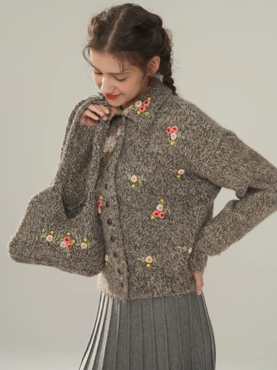 

Hand Embroidered Wool Blend Cry Soft Forest Girl Open Cardigan Sweater with Stand Collar Flip Collar Handheld Small Crossb...