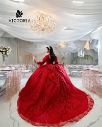 Attractive Red Bow Long Sleeve Lace Applique Corset Quinceanera Dress Ball Gown 18th Debut Mexican Wedding Party Gown Customized