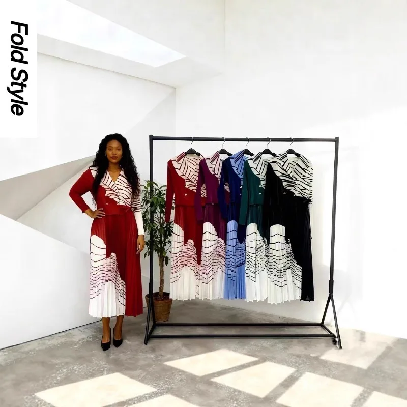 

2025 африканский женский костюм с принтом и воротником, свободное тонкое модное длинное платье, новое плиссированное платье Miyake