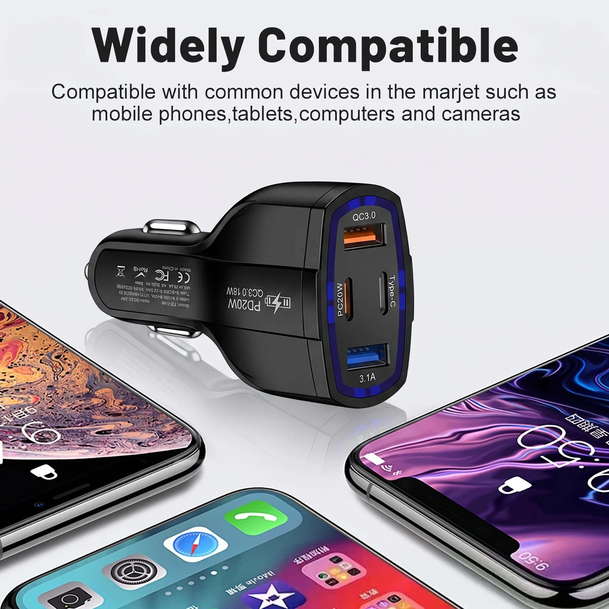 Multi Port 63W Car Charger Fast Charging Adapter With Dual PD 20W Type C and QC 3.0 USB A Ports For Smart Phones & Tablets view 4