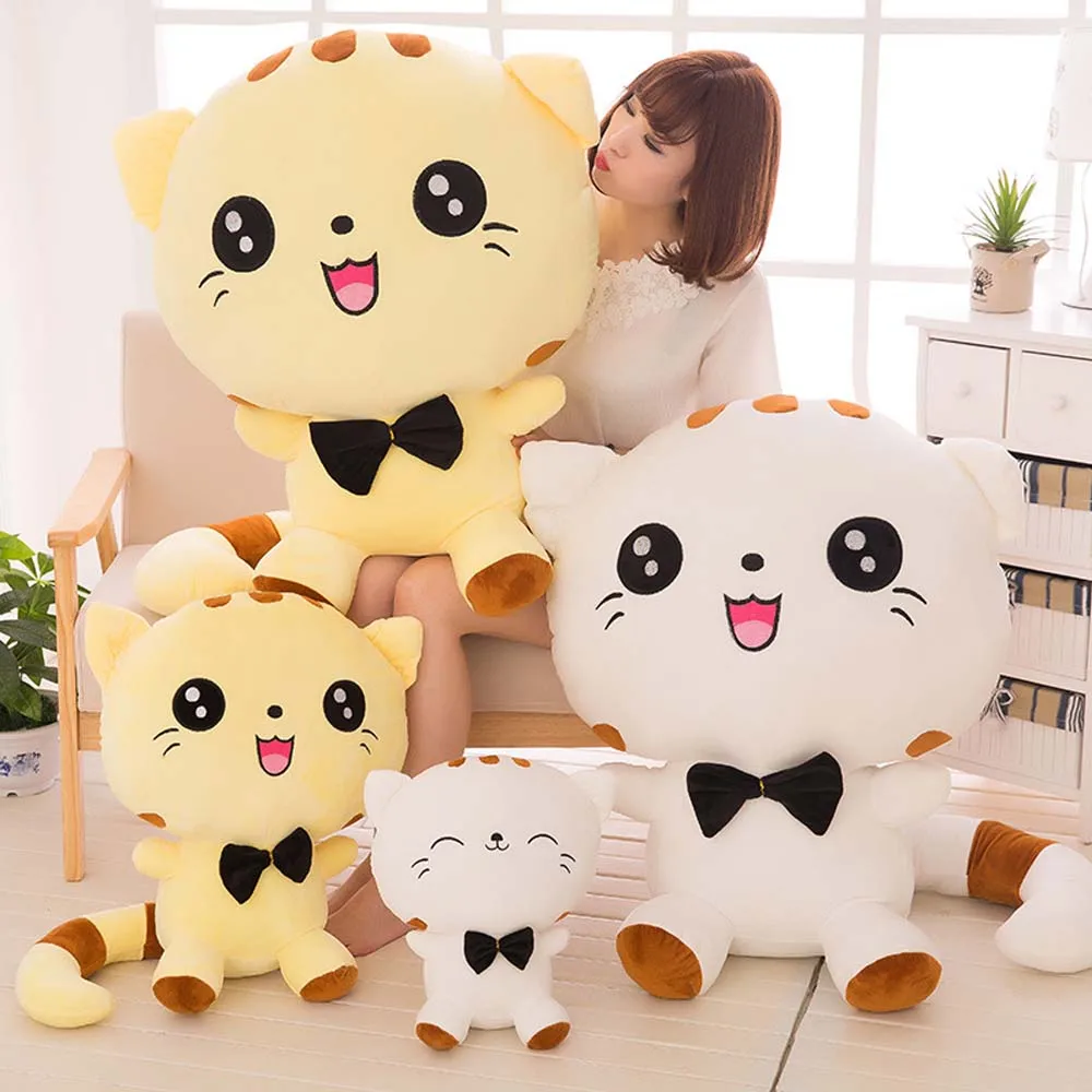 Kawaii Big Face Cat Plush Toys Cute Stuffed Animals bow tie Cat Pillows Lovly Smile Cat Plushies Dolls Birthday Gift for Kids