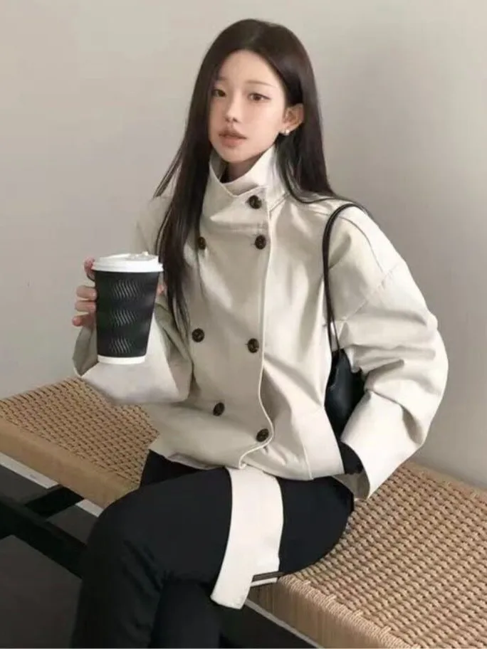 Kaki Color Stand Collar Double Breasted Belted Jacket Women's Autumn New Style High Sensation Coat Outerwear by Chinese 