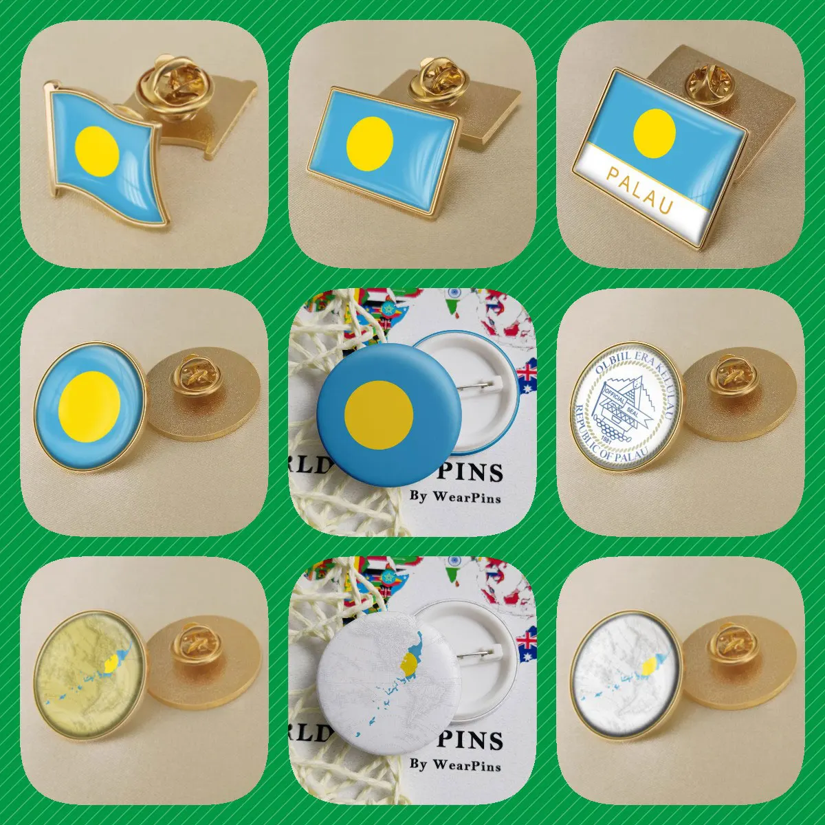 Palau Parauk mapa bandera emblema nacional flor nacional broches insignias alfileres de solapa