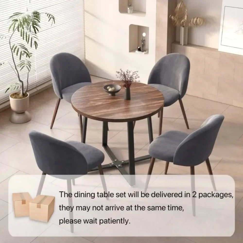 5-Pieces Modern 35'' Inch Round Wooden Dining Table Set for 4 Comfortable Velvet Chairs, Small Apartment Coffee Table Set