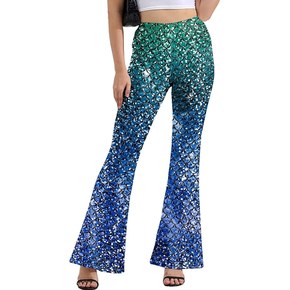 Zawaland Women\'s Pants Flared Trousers 2024 Fashion Elegant Fish Scale Print Pants Party Costume Mermaid Print Bell Bottoms