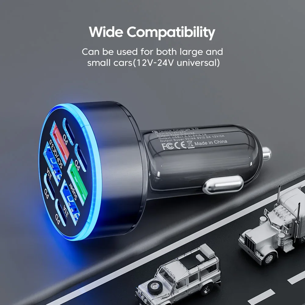 100W 6/8 Ports Car Charger Fast Charging PD QC3.0 USB C Car Phone Charger Type C Adapter in Car For iPhone Samsung Huawei Xiaomi