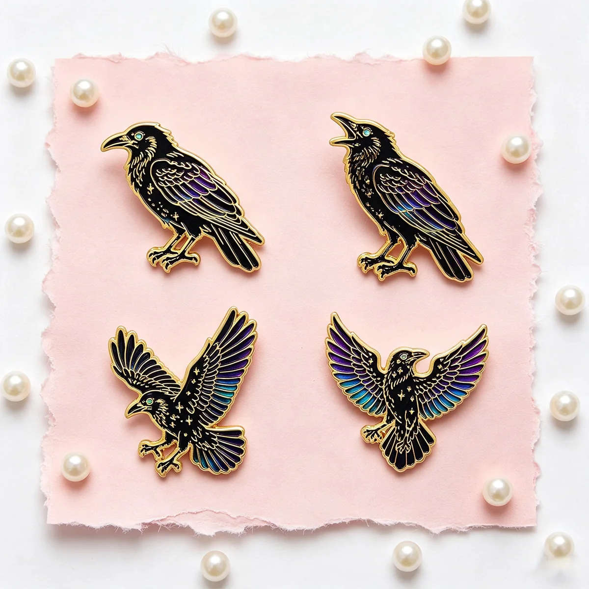 4pcs/Set Punk Black Crow Enamel Pin Cool Gothic Raven Badge Brooch Backpacks Bag Collar Lapel Decoration Jewelry Friends Gifts